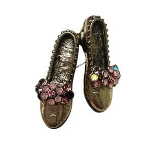 Vintage Shoe Brooch Brass Tone with Gemstones Excellent Condition Twee Granny
